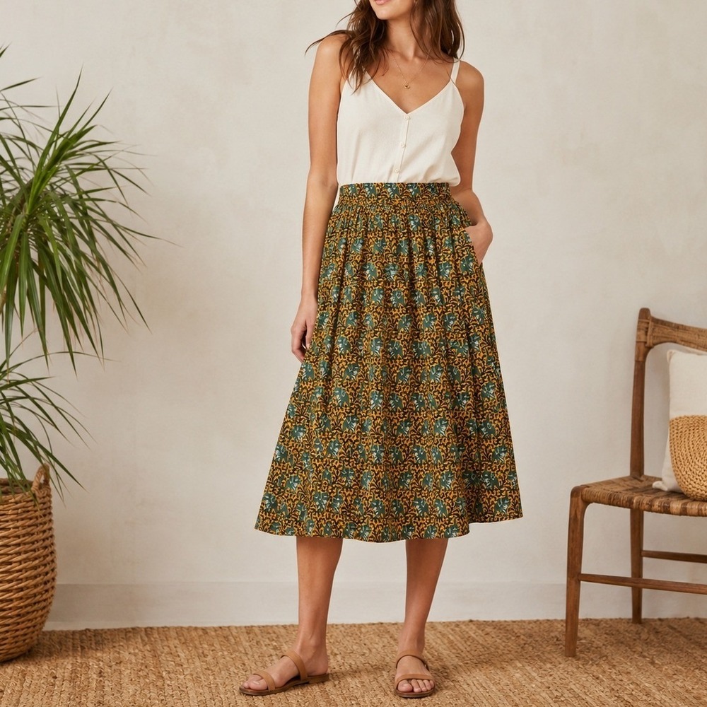 J.Crew Ratti Elephant Print Black Filigree Pleated Midi Skirt Green Yellow 6